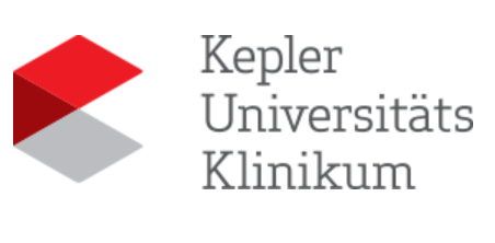Ein rotes, dunkelrotes und graues dreieck bilden einen Kreis. Daneben der Schriftzug Kepler Universitäts Klinikum